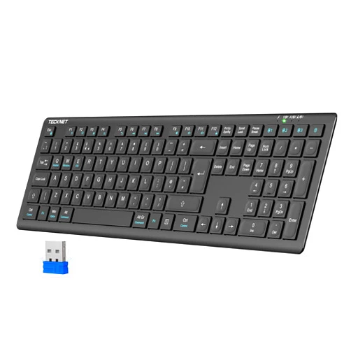 TECKNET Bluetooth Keyboard Rechargeable, 4-Device Free Switching (2.4G+BT), Ultra-Slim Full Size Wireless Keyboard, Quiet Typing, for PC/Laptop/Smart TV/Phone, Adjustable Stand, 12 Multimedia Keys