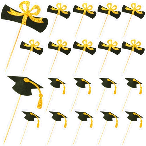 Gersoniel 20 Pieces Graduation Cupcake Toppers Glitter Graduation Cap Cupcake Toppers Gold Congrats Grad Centerpiece Sticks Black for 2024 Graduation Party Decorations