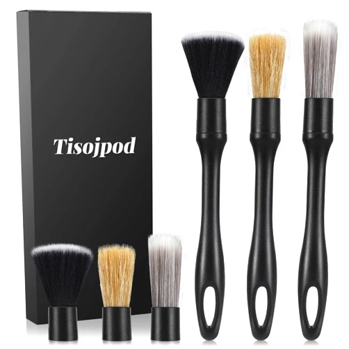 Tisojpod 6pcs Auto Car Detailing Brush Set includes 3 Car Detailing Brushes and 3 Replacement Brush head,for clean Interior or Exterior,Leather Seats,wheel,Emblems,Tires,Engine Bay,Dashboard,Air Vent