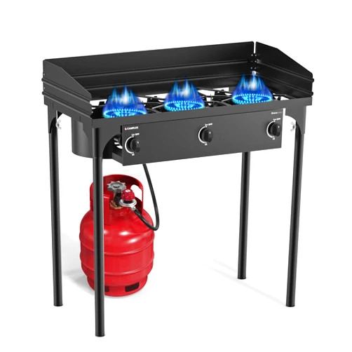 CAMPLUX ENJOY OUTDOOR LIFE CAMPLUX 3 Burner Camping Stove for Outdoor Cooking, 225,000 BTU Propane Outdoor Stove with Detachable Stand Legs and Windshield, Propane Gas Stove with Adjustable High Pressure Regulator and Hose