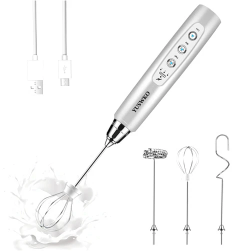 YUSWKO Rechargeable Milk Frother Handheld with 3 Heads, Silver Coffee Electric Whisk Drink Foam Mixer, Mini Hand Stirrer with 3 Speeds Adjustable for Latte, Cappuccino, Hot Chocolate, Egg