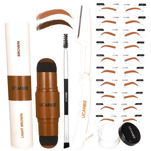UCANBE 25PCS Eyebrow Stamp Stencil Kit With Dual-Color Eyebrow Stamp Pomade,20 Reusable Eyebrow Stencils,Finising Powder,Brush,Eyebrow Razor,Zipper Pouch,Waterproof Eye Brow Stamping and Shaping Kit02