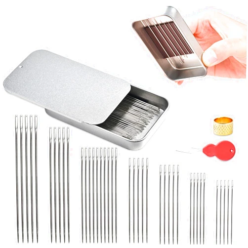 L'EclatDina 40PCS Sewing Needles Set, Large Eye for Hand Sewing, 7 Sizes Stainless Steel, with Threader & Magnetic Pin Cushion, for Embroidery & Crafts