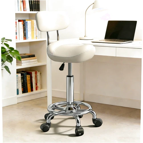 Timbertouch Saddle Stool with Back and Ring Pedal, Adjustable Hydraulic Rolling Chair with Wheels for Salon, Spa, Medical, Massage & Drafting Use White