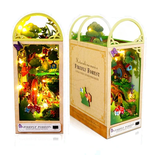 Tomyoung 3D Wooden Book Stand Puzzle, DIY Dollhouse Wood Bookends Book Nook Model Building Kit with LED Light for Teens and Adults to Build-Creativity Gift for Christmas(Firefly Forest)