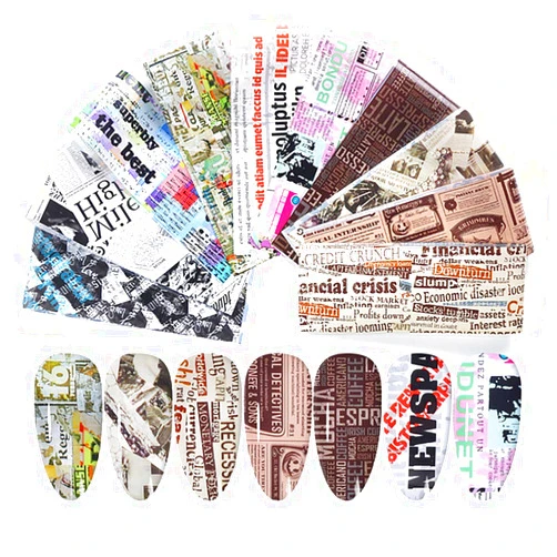 INCHIO Newspaper Nail Stickers 10 Sheets Words Letters Pattern Stickers Symphony Foil Paper Printing Transfer Acrylic Decals DIY Manicure Tip Design Decoration of Nail Art Salon