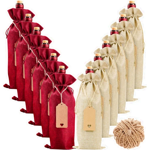 Aoonby Burlap Wine Bags Wine Gift Bags, 12 Pcs Christmas Wine Bottle Bags with Drawstrings, Tags & Ropes, Reusable Holiday Wine Bottle Covers for Christmas Wedding Birthday Travel Party Housewarming Storage