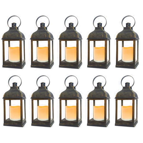 PetGirl Decorative Candle Lanterns Flameless Battery Powered with Timer,10'' Indoor Outdoor Hanging Plastic Rustic Lantern Decor for Wedding, Farmhouse(Bronze, 10)