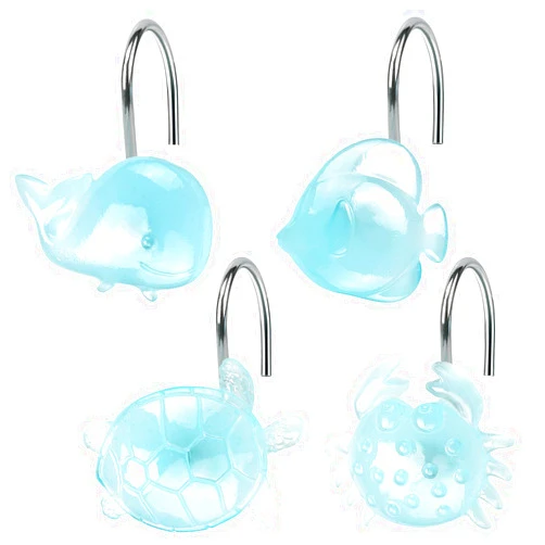 SIMPLE CLEVER HOMES 365 Decorative Sea Life Shower Curtain Hooks, 12-Piece Set, Stainless Steel & Resin, Funny Ocean Animal Collection, Crab, Sea Turtle, Whale, Clown Fish, Glow in The Dark, Blue