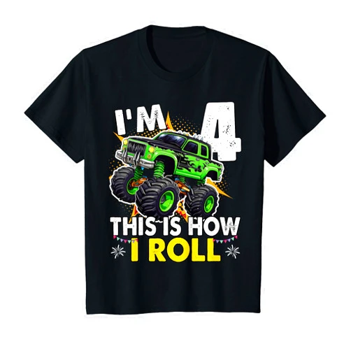 Family Matching Monster trucks lover boys birthday Kids I'm 4 This is how I roll Monster Truck 4th Birthday Boys T-Shirt