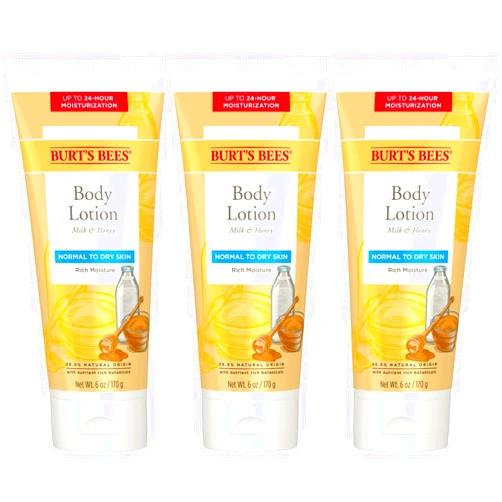 Burt's Bees, Body Lotion with Milk and Honey, Moisturizing Lotion for Normal to Dry Skin, 98.6% Natural Origin Skin Care, 6 oz Bottle (3-Pack)