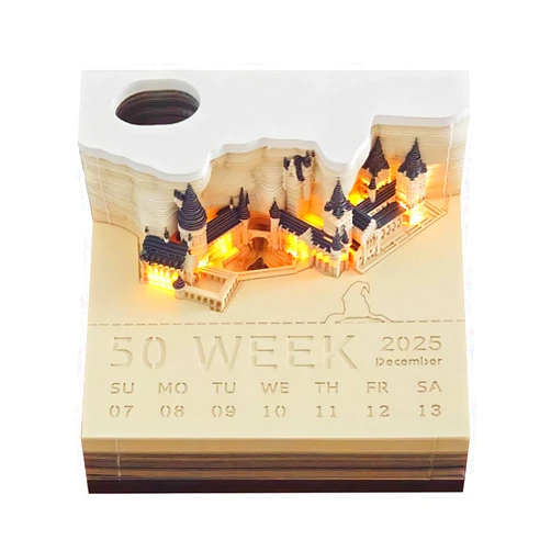 Najoane Time Piece Calendar, 2025 Desk Calendar With LED Lights, 3D Castle Calendar Notepad, Tear-Away Notepad, DIY Paper Carving Art Craft for School Home Office (2025 Model)