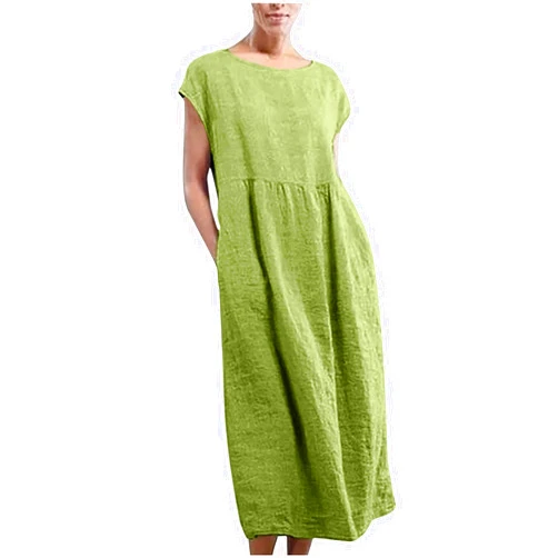 Zainafacai 2024 Summer Dresses for Women Cap Sleeve Boho Cotton Linen Midi Dress Casual Loose Trendy Crew Neck Beach Dresses