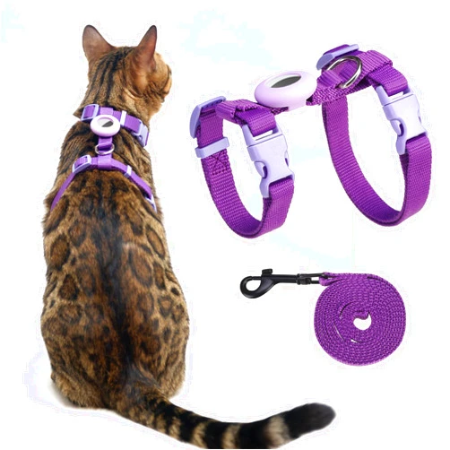 VKPETFR Cat Harness and Leash Set Escape Proof for Walking, Adjustable Cute Kitten Harness Leash with Airtag Holder for Small Large Cats, Lightweight Soft Walking Travel Harness (Purple)