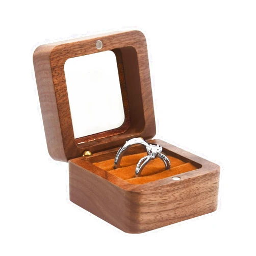Jomelly Wooden Ring Box for Wedding Ceremony 2 Slots,Small Square Solid Wood Double Ring Holder Case Box,Vintage Ring Bearer Box for Engagement Proposal,Rustic Jewelry Gift Storage Box-Window Brown