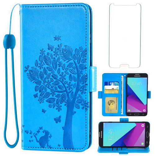 Asuwish Compatible with Samsung Galaxy J3 Luna Pro J 3 Prime 2017 Emerge 3J Eclipse Mission Wallet Case Tempered Glass Screen Protector Flip Card Holder Cell Phone Cover for Glaxay S327VL Women Blue