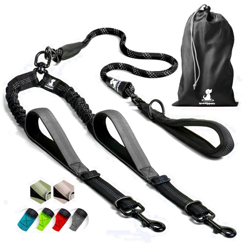 SparklyPets Double Dog Leash for 2 Dogs – Rope Bungee Dual Leash for Medium and Large Dogs with Padded Handles & Tangle Free (Black, Medium/Large)