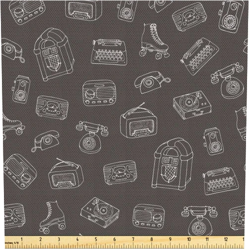 Lunarable Typewriter Fabric by The Yard, Chalky Old Tech Juke Box Radio Roller Skates and Vinyl Record Player, Decorative Fabric for Upholstery and Home Accents, Charcoal Grey White