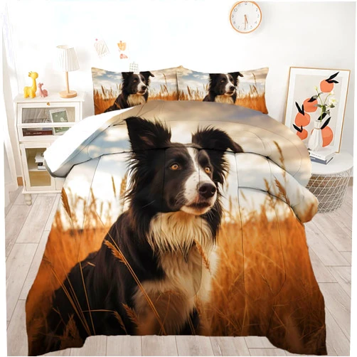 AyPoint Dog Comforter Set King Size A Border Collie Dog in The Wheat Field Printed Bedding Set 3PCs 1 Comforter 2 Pillowcases (King, Dog)