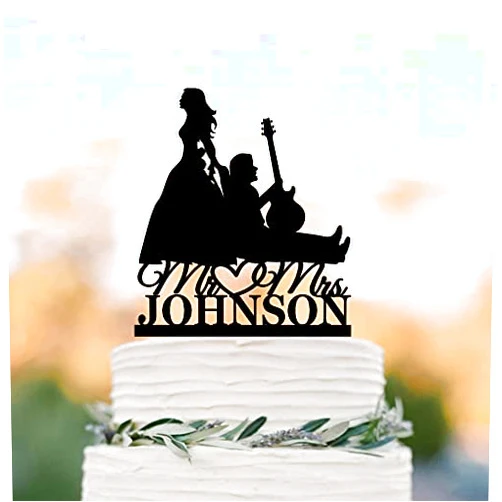 UTF4C Guitar Player Wedding Cake Topper, Bride Pulling Musician Groom Silhouette, Bride Dragging Groom, Funny Music Cake Topper Personalized (Music)