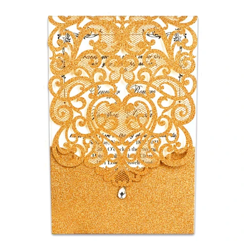 Jofanza 20PCS 5 x 7.3 Inch Gold Wedding Invitations Cards with Rhinestone Glitter Laser Cut Hollow Heart Invitation Pocket for Engagement Quinceanera Invites (Gold Glitter)
