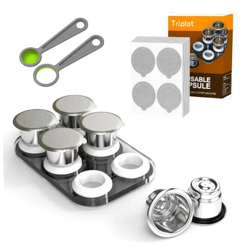 Triplot Reusable Capsules for Nespresso OriginalLine - 6pcs Refillable Coffee Pods,Stainless Steel Cups Compatible for Nespresso OriginalLine Machine (6Pods+100pcs Lids+Storage Board)