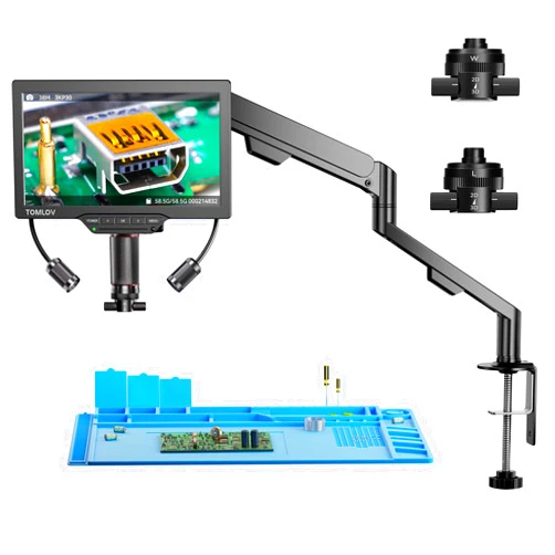 TOMLOV 3D Digital Microscope for Soldering: Magnetic Dual Lens Micro Scope TM3K-3D for Adult, Coin Microscope with Flex Arm, 3K 7-Inch IPS Screen, HDMI/USB Output, Gooseneck Light, Repair Mat, 64GB
