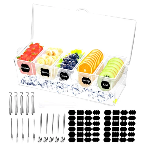 DARCKLE 5 Compartment Condiment Server, Ice Chilled Condiment Containers with Hinged Lid Chilled Caddy with 5 Removable Dishes and 15 Pieces Stainless Steel Serving Tongs Serving Spoons Fruit Forks