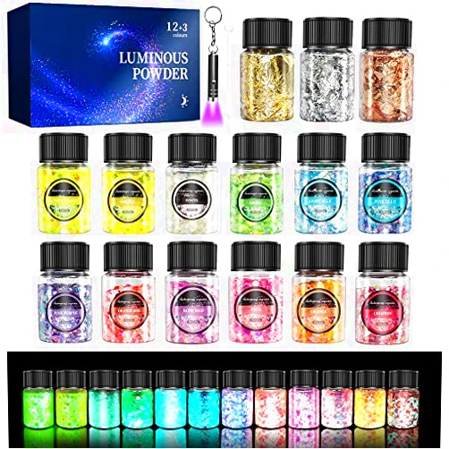 OSBANG Glow in The Dark Glitter 15 Jar - 12 Colors Glow Glitter and 3 Colors Gold Foil Flakes, High Luminous Glitter for Resin Crafts, Cosmetic, Nail, Glowing Dye for DIY