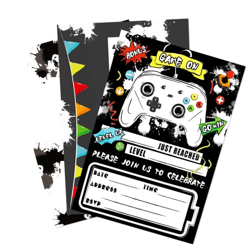 WERNNSAI Watercolor Video Game Party Invites - 20 Set Fill-in Invitations with Envelopes for Boys Game Theme Birthday Party Supplies Double-Sided Printed Invitation Cards