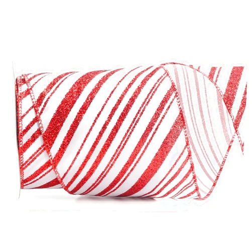 ALTIER 4 Inch x 10 Yards White Satin Red Glitter Stripes Wired Ribbon for Christmas Home Decoration Gift Wrapping Bow Making Wreath DIY Crafts