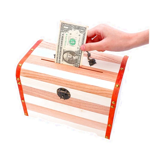 Willcomes Wooden Money Storage Box Treasure Chest Piggy Bank Handmade Jewelry Organizer with Lock and Two Keys
