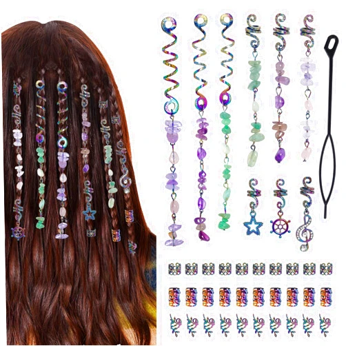 Hoyuwak 40Pcs hoyuwak Natural Colored Crystal Stone Hair Accessories - Metal Charms, Tie-Dye Loc Spirals, Cuffs, Rings for Women's Hairstyle Decoration