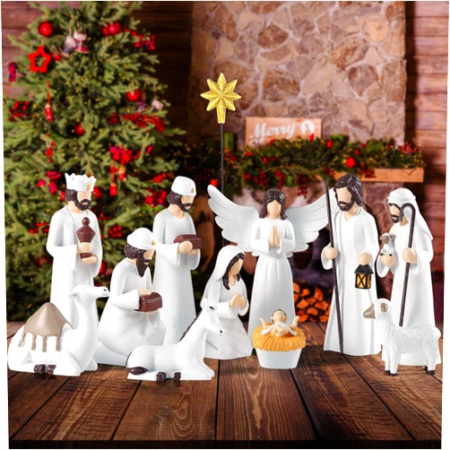 BCSmyer Nativity Sets for Christmas Indoor,12 Pieces 6.5 Inch Elegant Nativity Set for Tabletop Decorations,Christmas Resin Nativity Scene Set Holy Family Statue (White)