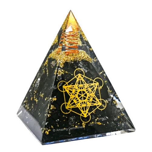 Amazing Gemstone Organite Orgone Pyramid Extra Large 105 MM - Metatron Cube Orgone Energy Pyramid with Black Tourmaline Crystals and Healing Stone - Orgonite Pyramids Crystals and Positive Energy