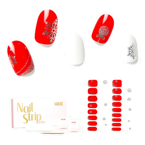 NAILOG Semi Cured Gel Nail Strips - NAILOG 34 Pcs Gel Nail Stickers for Christmas Day | Buy 2 Get 1 UV Light | Long Lasting Nail Wraps with Glossy Gel Finish Red, Holly Jolly