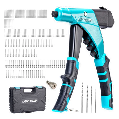 LIBRATON Professional Heavy Duty Rivet Gun, One-Handed Pop Rivet Gun Set, Robust Riveter with Shaft Container, Manual Riveting Tool, Tool-Free Interchangeable Heads, for Metal, Wood and Plastic