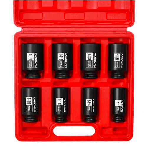 CASOMAN 1/2-Inch Drive Deep Spindle Axle Nut Impact Socket Set, 6 Point, CR-MO, SAE, 1