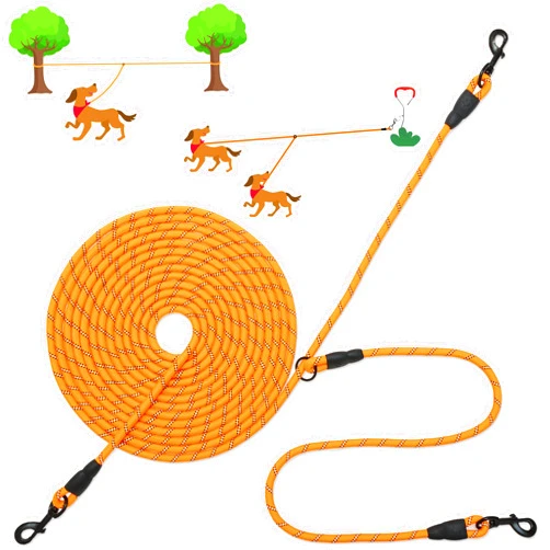 IPRAVOCI 30 FT Dog Leash for 2 Dogs, Heavy Duty Dog Tie Out Trolley Runner Cable for Yard Training Camping Outdoor, Reflective Long Dog Rope Leash for Small Medium Large Dogs