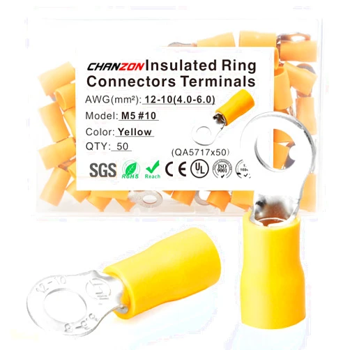 Chanzon Yellow Ring Terminals - #10 M5 - UL Listed Insulated PVC Eyelet Wire Connector 12-10AWG Gauge Electrical Crimp Connector for Boat Truck Stereo Car(50pcs)