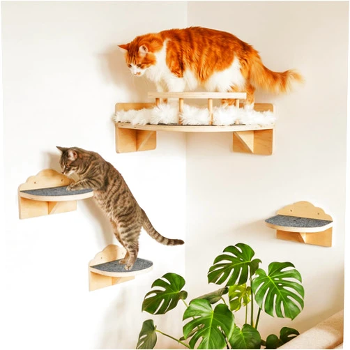 YAQUHO Cat Shelves for Wall, Corner Cat Wall Shelf with 3 Wide Steps, Wooden Wall Mounted Cat Shelf for Indoor Cats, 30 lb Capacity, Removable Plush Pads, Cat Climbing Perch Set for Large Cats
