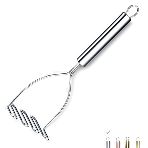 HOMQUEN Stainless Steel Potato Masher, Heavy Duty Metal Food Masher Utensil, Mirror Polish, Dishwasher Safe (9.6 Inch, Silver)