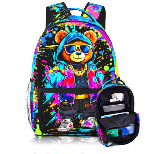 Quelindra Cartoon Bear Backpack，Cool Cute Graffiti Bear Backpack School Bag，Graffiti Bookbag For Work Travel，Cool Lightweight Stylish Bookbag For Kids Boys Children Students