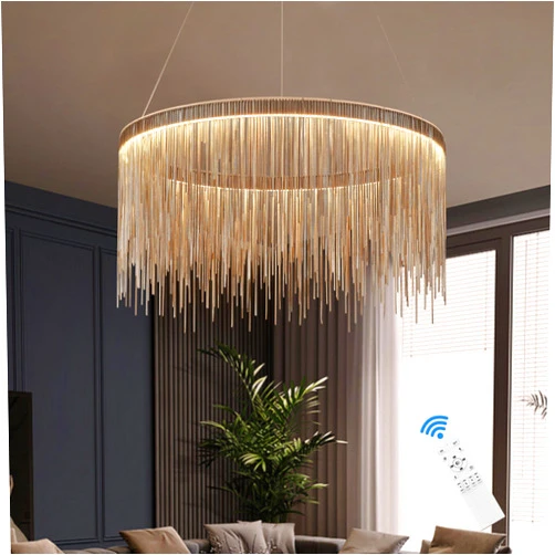 TACDANDM Modern Round Aluminum Tassel Chandelier, LED Dimmable Pendant Light Fixture for Dining Room, High Ceiling Chandelier for Foyer,Enterway