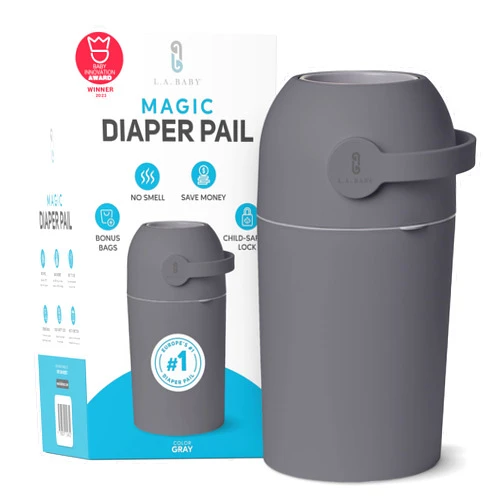 L.A. Baby Magic Diaper Pail - Patented 100% Odor-Free System with Child-Safe Lock - Award-Winning Design - No Refills Required - Works with Regular Trash Bags - Gray