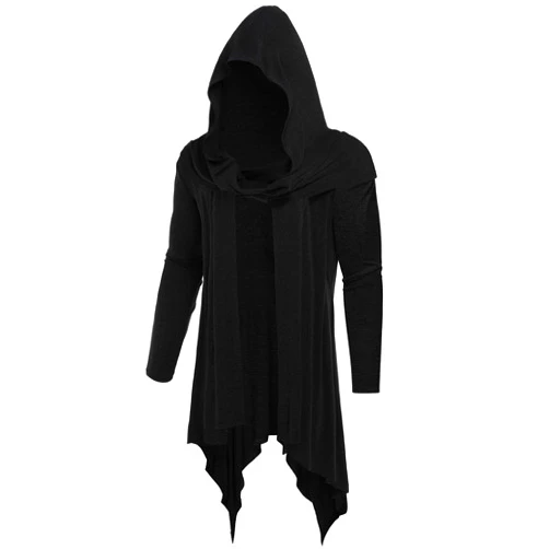 OYOZONE Men's Long Hooded Cardigan Ruffle Shawl Collar Open Front Lightweight Drape Cape with Pockets