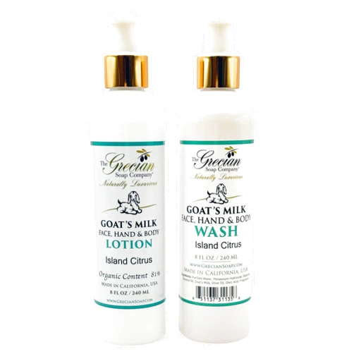 The Grecian Soap Company Goat Milk Lotion & Body Wash Set – Island Citrus Scent, 8oz Each – Body Lotion & Face Wash, Moisturizing Skin Care Set for All Skin Types, Hydrating Skincare