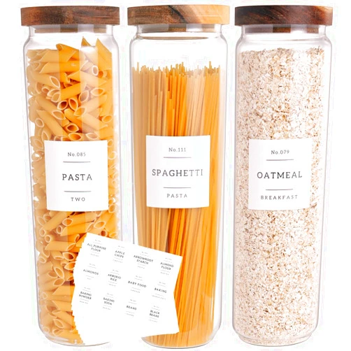 CZZGSM 3 Set Glass Pantry Storage Jars with Acacia Airtight Lid - 50oz Thicken Glass Kitchen Canisters with 132 Pantry Labels - Tall Glass Food Storage Containers with Wood Lid for Pasta,Spaghetti,Cereal