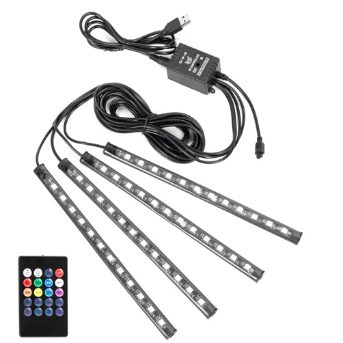 SUNNEST Car LED Strip Lights Christmas, 4Pcs 48 LED Interior Lights, Multicolor Music Car Strip Light Under Dash Lighting Kit with Sound Active Function and Remote Controller, DC 5V
