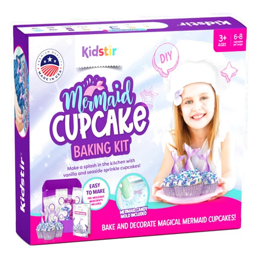 Kidstir Mermaid Kids Baking Kit Little Mermaid Gifts for Girls, DIY Cupcake Baking Set for Kids with Mermaid Cake Topper Mold, includes Pre-Measured Ingredients, Mermaid Birthday Cooking Set for Kids